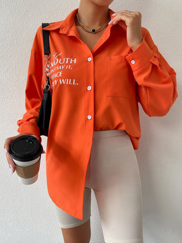 EZwear Slogan Graphic Pocket Patched Drop Shoulder Oversized Shirt