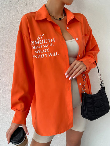 EZwear Slogan Graphic Pocket Patched Drop Shoulder Oversized Shirt