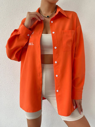 EZwear Slogan Graphic Pocket Patched Drop Shoulder Oversized Shirt