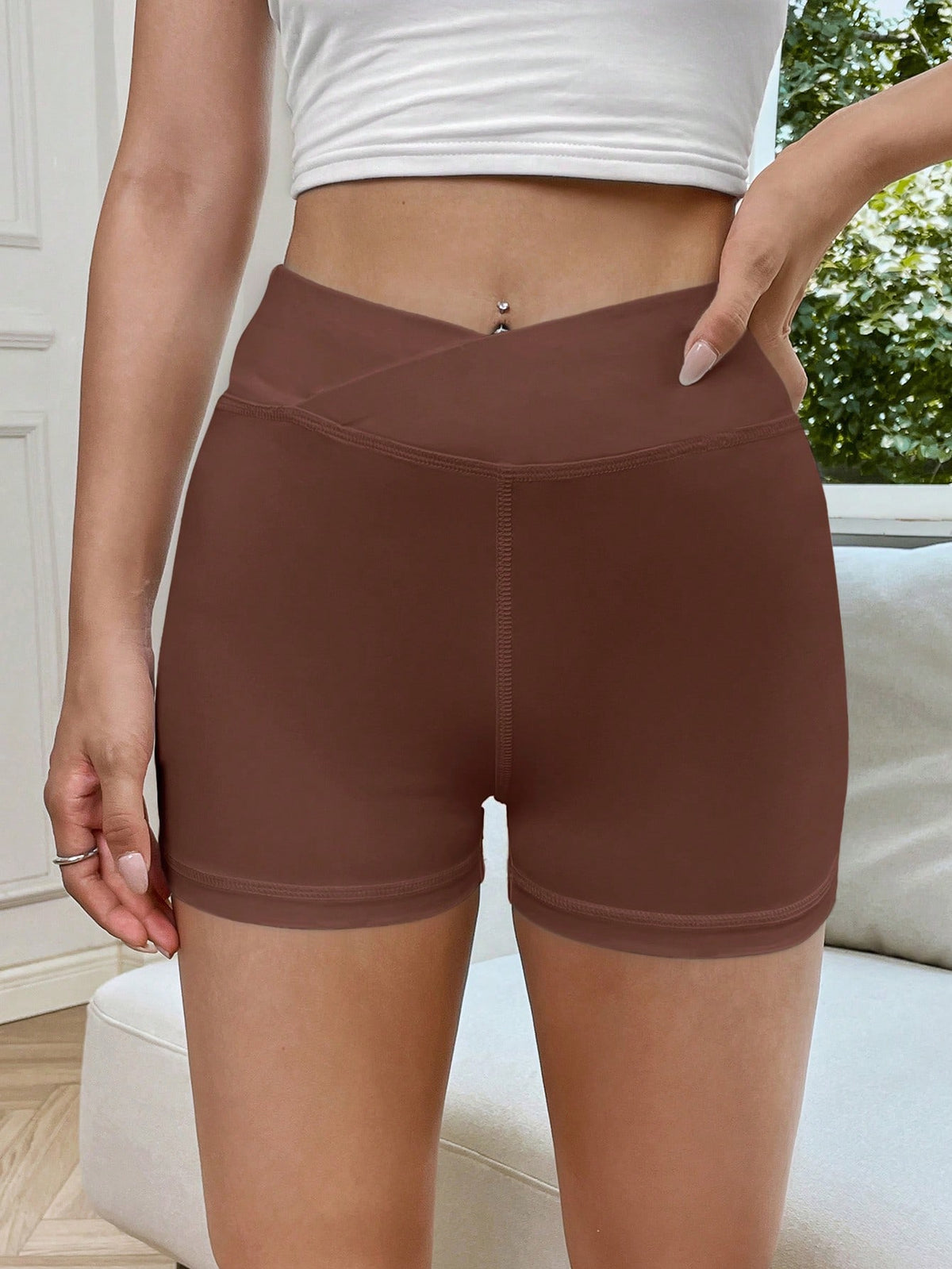 EZwear Solid Asymmetrical Waist Biker Shorts