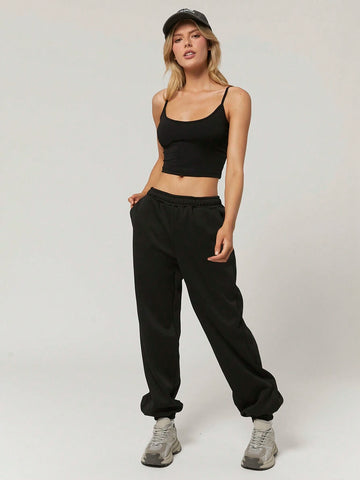 Solid Black Cami Top & Wide Leg Pants-Two Piece Set
