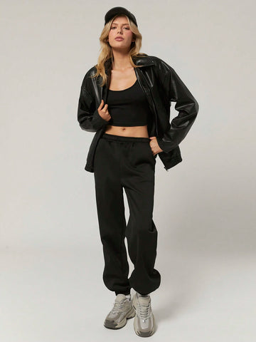 Solid Black Cami Top & Wide Leg Pants-Two Piece Set