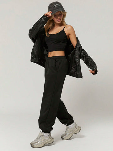 Solid Black Cami Top & Wide Leg Pants-Two Piece Set
