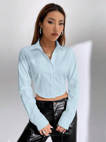 EZwear Solid Button Front Crop Women White Blouses Shirt