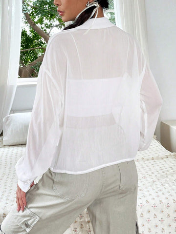 Solid Button Front Drop Shoulder Shirt Without Cami