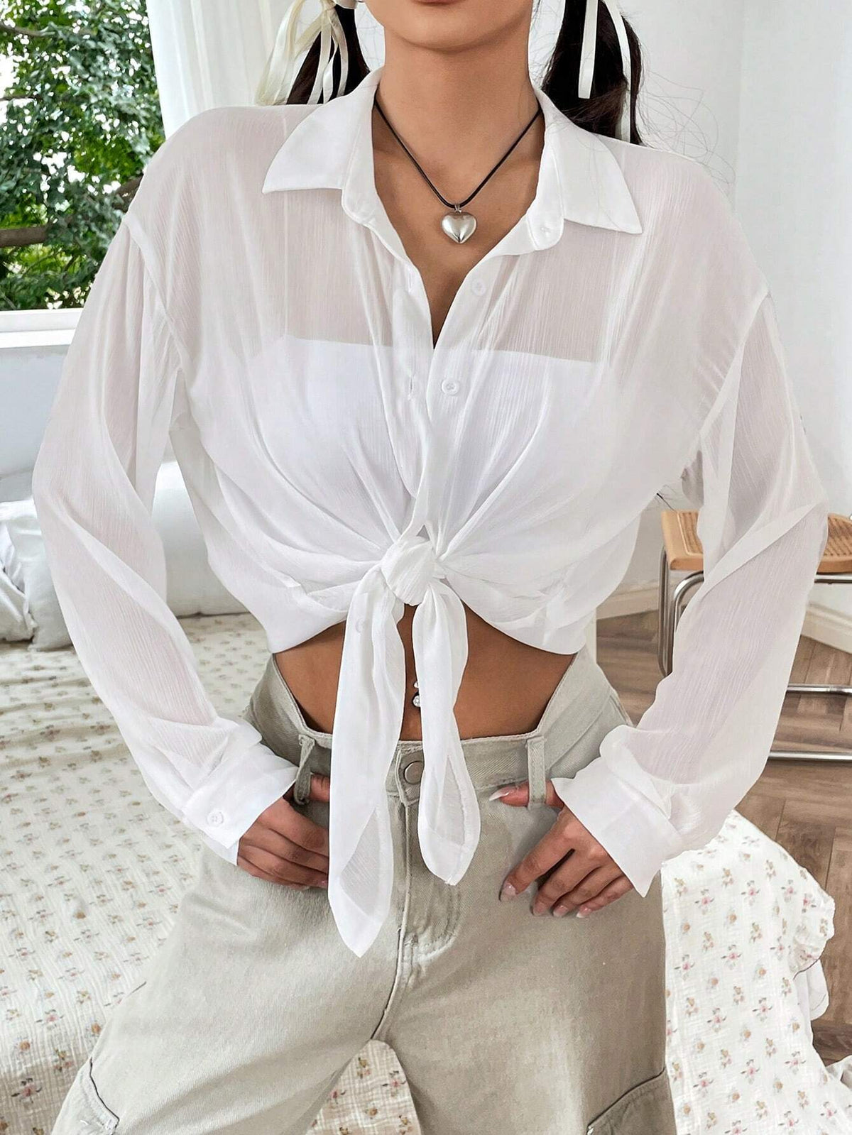 Solid Button Front Drop Shoulder Shirt Without Cami