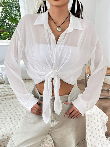 Solid Button Front Drop Shoulder Shirt Without Cami
