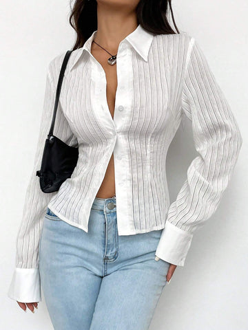 EZwear Solid Button Front Long Sleeve Shirt