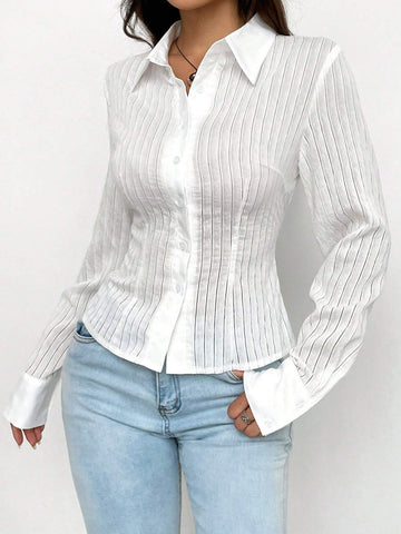 EZwear Solid Button Front Long Sleeve Shirt
