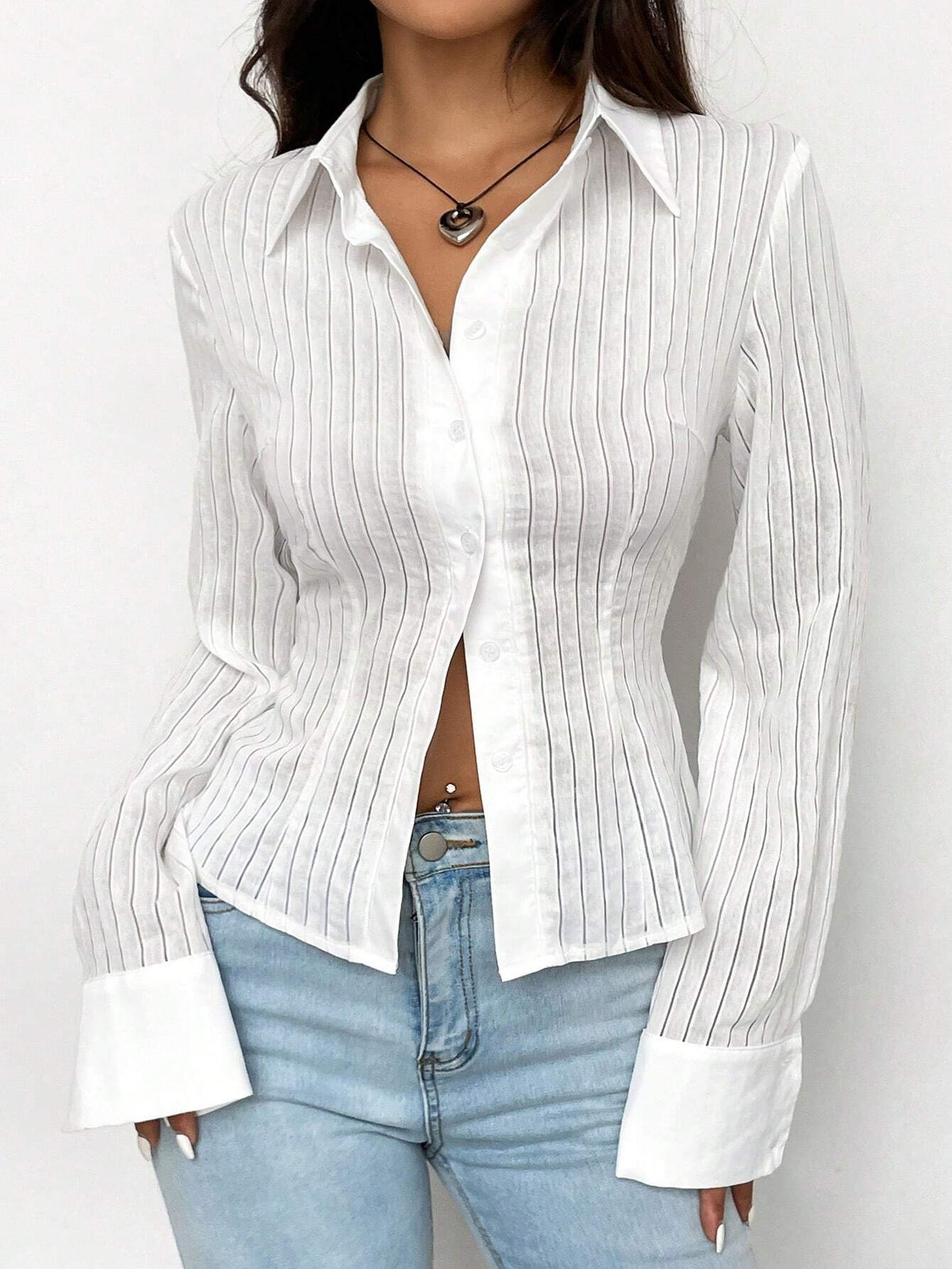 EZwear Solid Button Front Long Sleeve Shirt