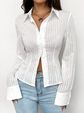 EZwear Solid Button Front Long Sleeve Shirt