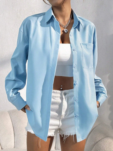 EZwear Solid Button Front Shirt For Spring & Summer