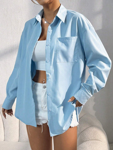 EZwear Solid Button Front Shirt For Spring & Summer