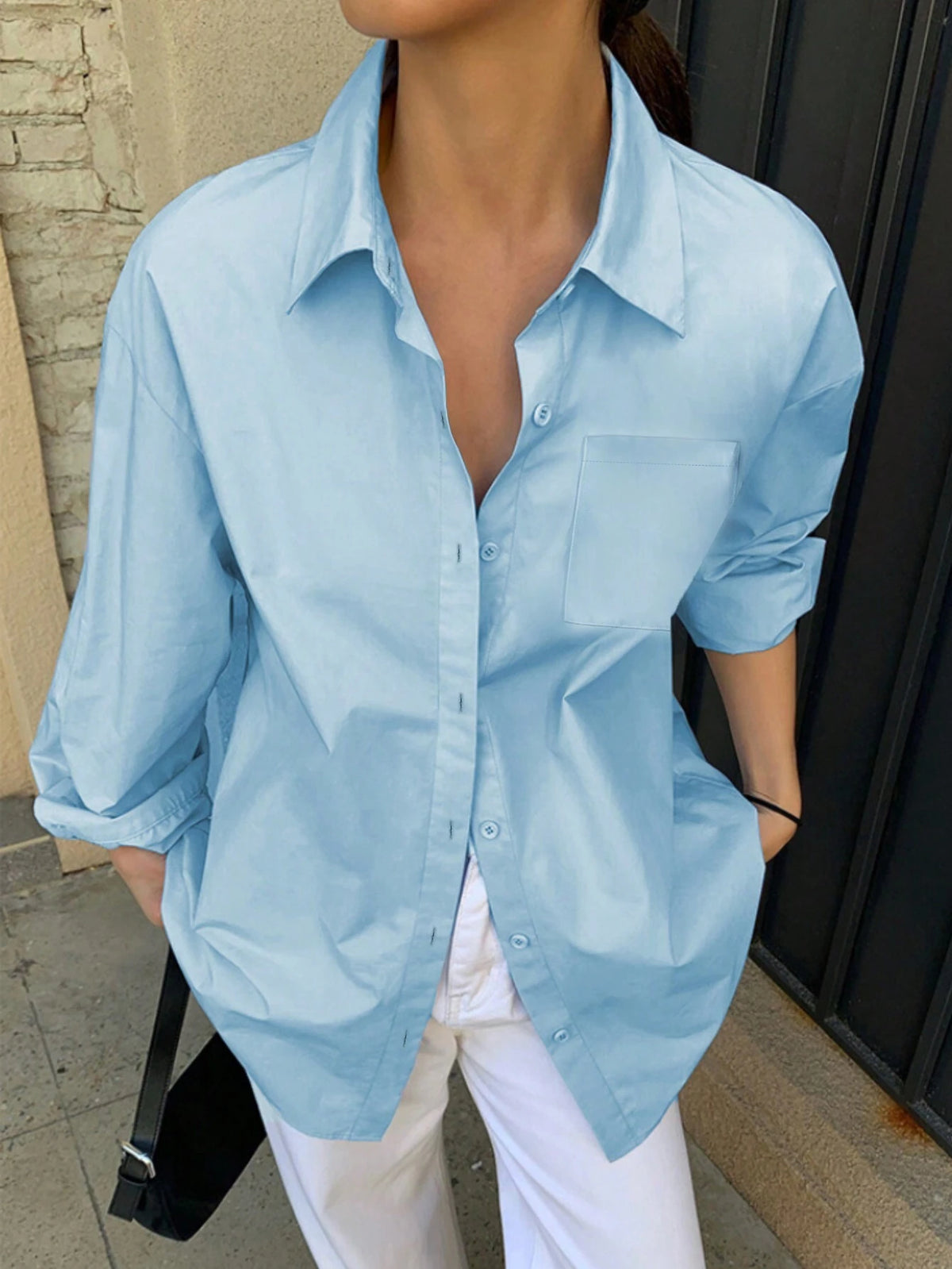 EZwear Solid Button Front Shirt For Spring & Summer