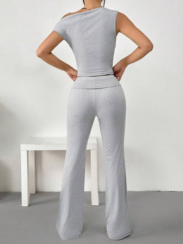 Solid Color Asymmetrical Neckline Top And Flared Pants 2pcs/Set