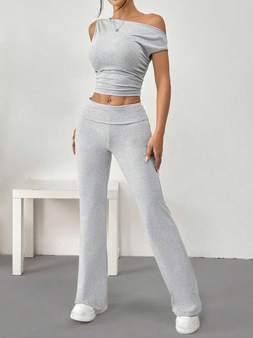 Solid Color Asymmetrical Neckline Top And Flared Pants 2pcs/Set