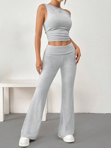 Solid Color Asymmetrical Neckline Top And Flared Pants 2pcs/Set