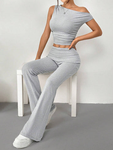 Solid Color Asymmetrical Neckline Top And Flared Pants 2pcs/Set