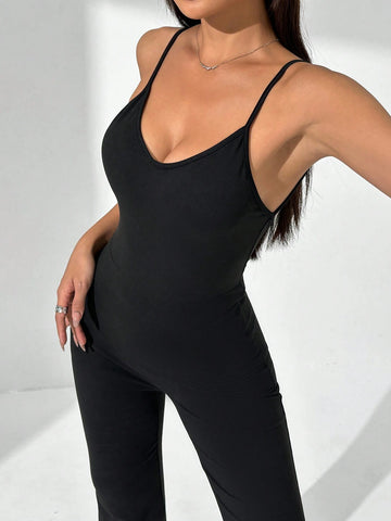 Solid Color Backless Strap Jumpsuit