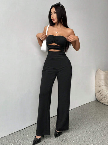 Solid Color Bandeau Jumpsuit With Hollow-Out Design, Comfortable And Sexy