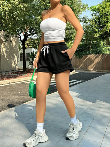 Solid Color Bandeau Top And Shorts Set