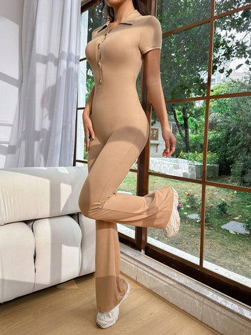 Solid Color Casual Jumpsuit With Polo Collar
