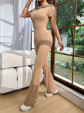 Solid Color Casual Jumpsuit With Polo Collar