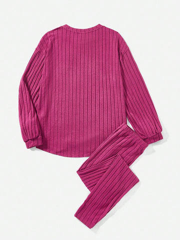 Solid Color Casual Round Neck Long Sleeve Top And Long Pants Two-piece Set