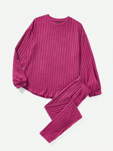 Solid Color Casual Round Neck Long Sleeve Top And Long Pants Two-piece Set