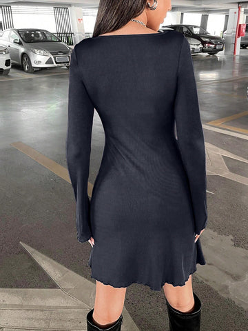 Solid Color Crew Neck Ribbed Knit Bodycon Long Sleeve Dress