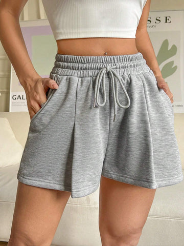 EZwear Solid Color Elastic Waist Drawstring Loose Fit Shorts