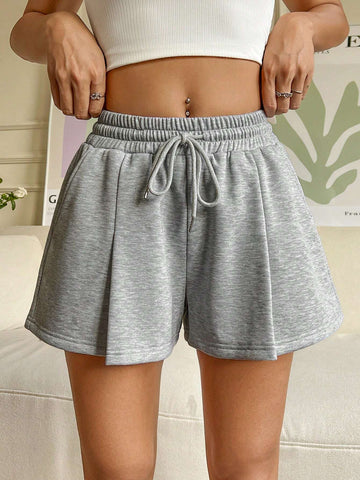 EZwear Solid Color Elastic Waist Drawstring Loose Fit Shorts