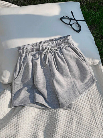 EZwear Solid Color Elastic Waist Drawstring Loose Fit Shorts