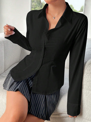 EZwear Solid Color Front Button Fitted Elegant Business Long Sleeve Shirt