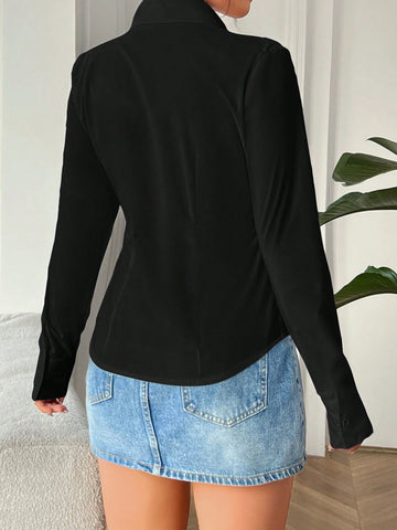 EZwear Solid Color Front Button Fitted Elegant Business Long Sleeve Shirt