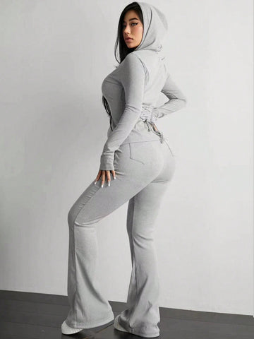 Solid Color Hooded Zipper Top And Loose Pants Set