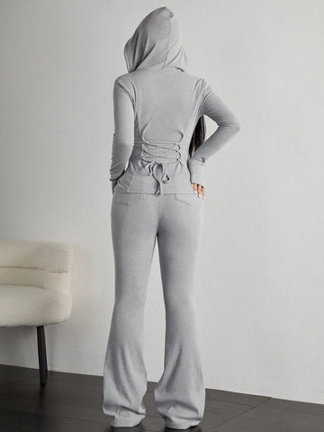 Solid Color Hooded Zipper Top And Loose Pants Set