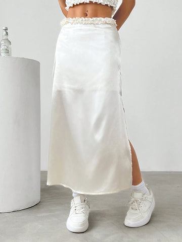 EZwear Solid Color Lace Trim Simple And Versatile Women's Skirt