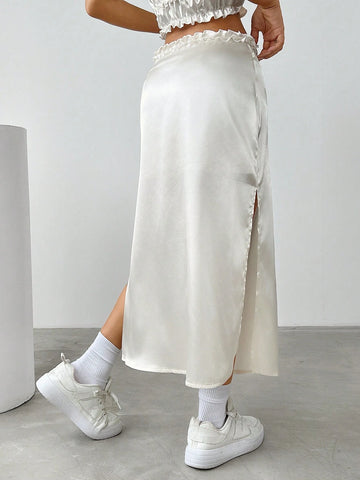 EZwear Solid Color Lace Trim Simple And Versatile Women's Skirt