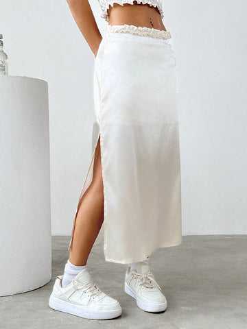 EZwear Solid Color Lace Trim Simple And Versatile Women's Skirt