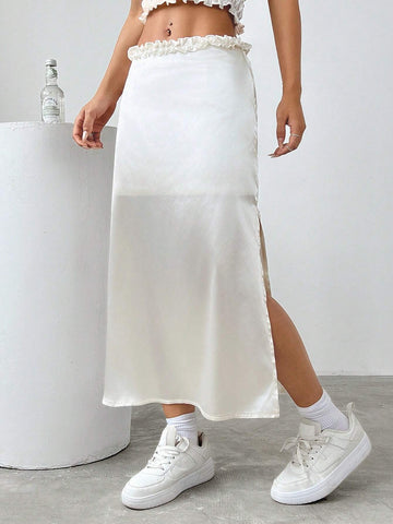 EZwear Solid Color Lace Trim Simple And Versatile Women's Skirt