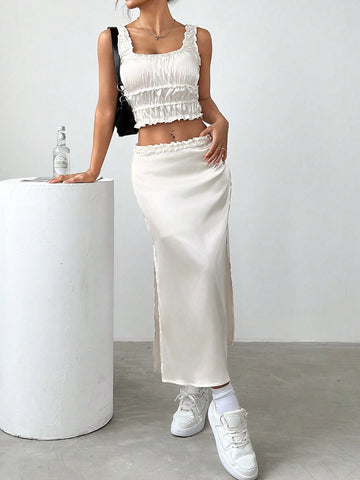 EZwear Solid Color Lace Trim Simple And Versatile Women's Skirt