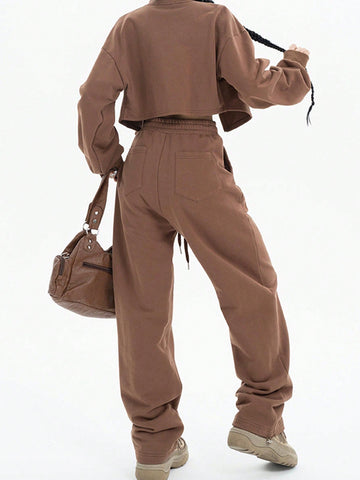 Solid Color Long Sleeve Coat And Pants Two Piece Set
