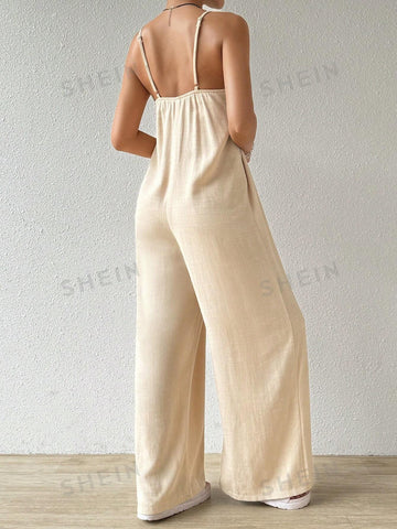 Solid Color Loose Fit Casual Wide Strap Straight-Leg Jumpsuit
