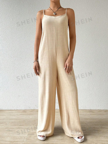 Solid Color Loose Fit Casual Wide Strap Straight-Leg Jumpsuit
