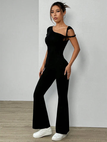 Solid Color Off Shoulder Asymmetric Simple Jumpsuit, Casual Daily Wear
