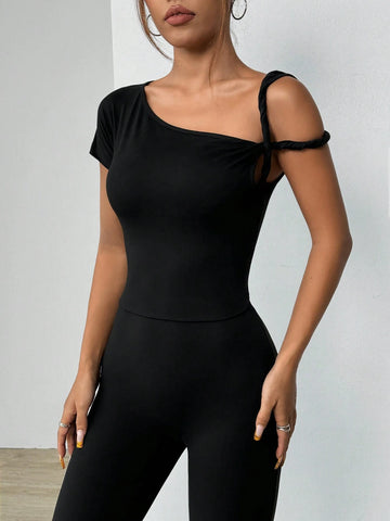 Solid Color Off Shoulder Asymmetric Simple Jumpsuit, Casual Daily Wear