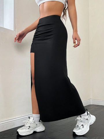 EZwear Solid Color Pleated Split Skirt,Ladies Casual Ruched,Split Thigh Midi Skinny Natural Black Plain Women Skirts,Spring/Fall,Casual Daily Wear