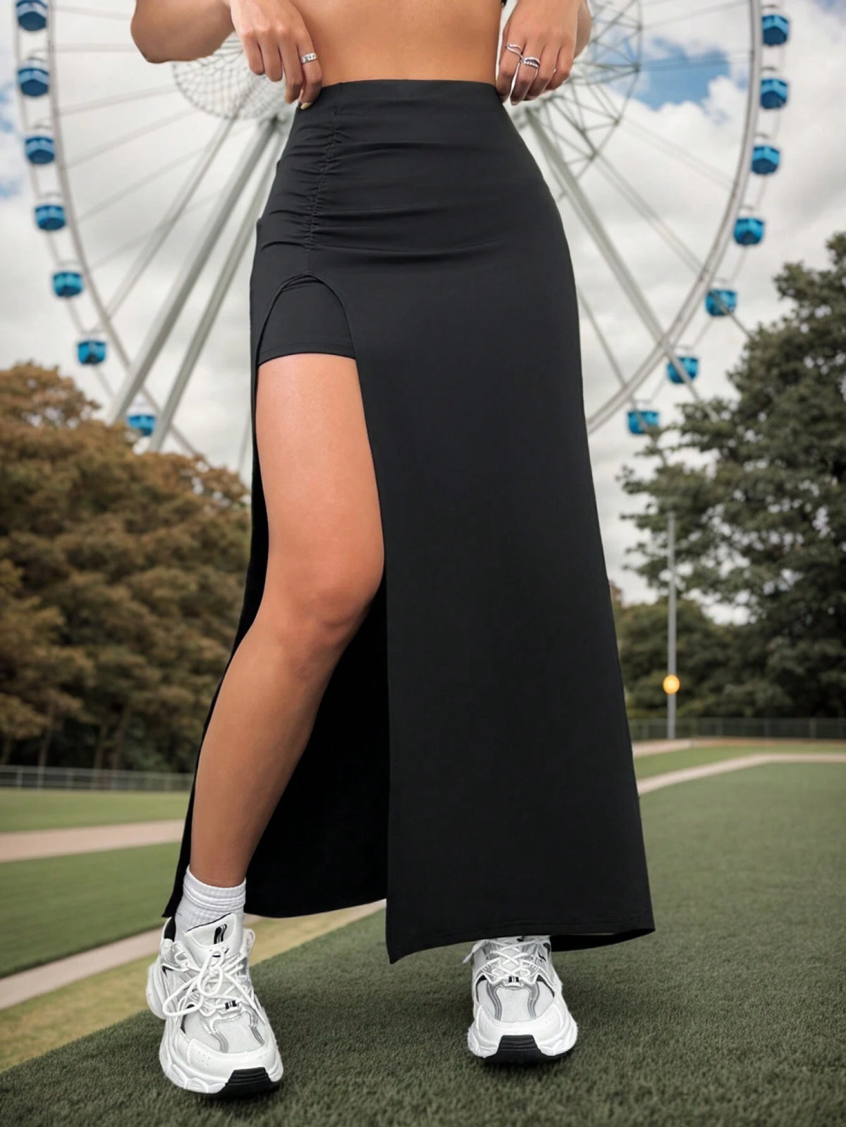 EZwear Solid Color Pleated Split Skirt,Ladies Casual Ruched,Split Thigh Midi Skinny Natural Black Plain Women Skirts,Spring/Fall,Casual Daily Wear