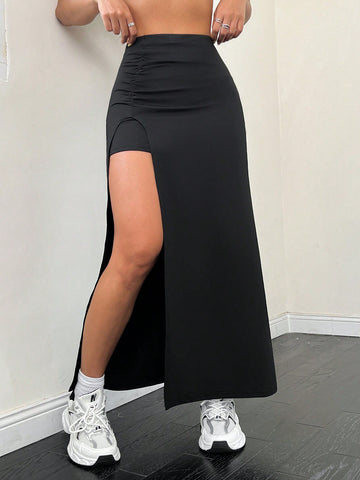 EZwear Solid Color Pleated Split Skirt